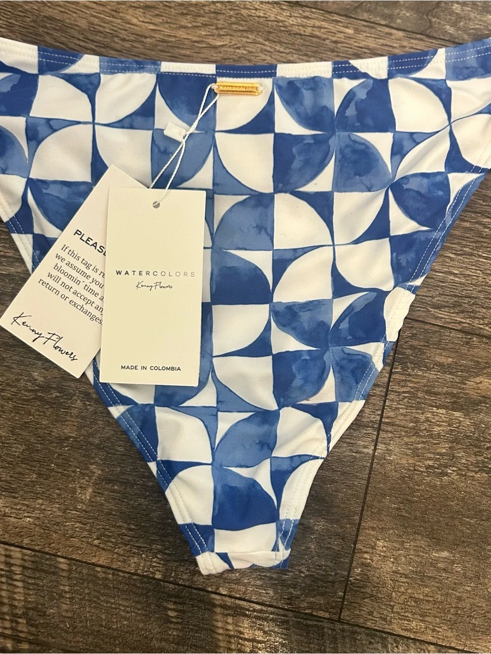 NWT Kenny Flowers Watercolors Blue & White Geometric Bikini Bottom Gold Buckle